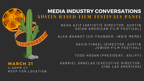 MIC, Austin-Based Film Festivals Panel, 4pm, in-person and zoom, Panelists include Neha Aziz (Artistic Director, Austin Asian American Film Festival), Alka Bhanot (Co-Founder, Indie Meme), David Finkel (Director, Austin Jewish Film Festival), Todd Hogan (President, aGLIFF), and Gabriel Ornelas (Executive Director, Cine Las Americas). 