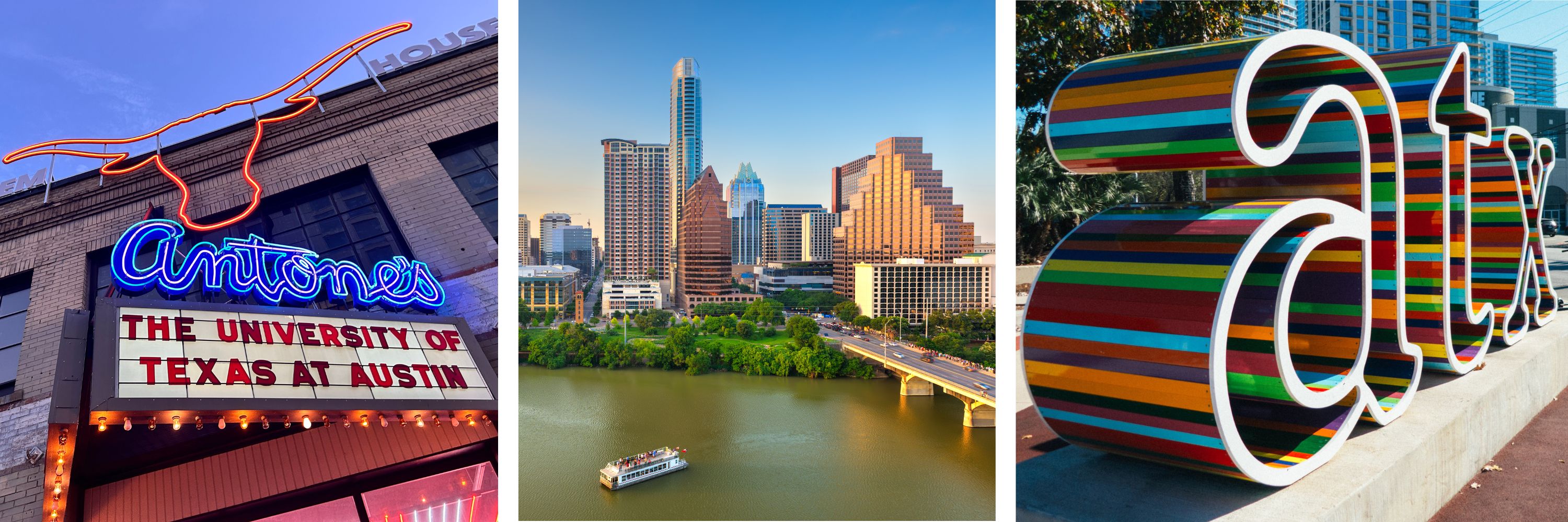 collage of photos of austin - one at antones, one of the skyline, and one of the atx sign