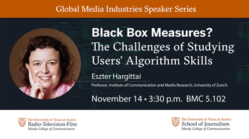 Eszter Hargittai talk Nov 14 on "“Black Box Measures? The Challenges for Studying Users’ Algorithm Skills”