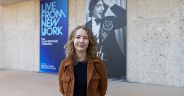 RTF grad student Ann Laudick outside of the Harry Ransom Center