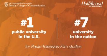 A graphic that shows Moody College Radio-Television-Film studies ranked as the #1 public university in the U.S. and #7 university in the nation by The Hollywood Reporter