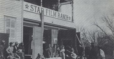 An exterior shot of the Star Film Ranch in black and white 