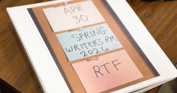 SNL-style notecards that read "April 30," "Spring Writers' Room," and "RTF"