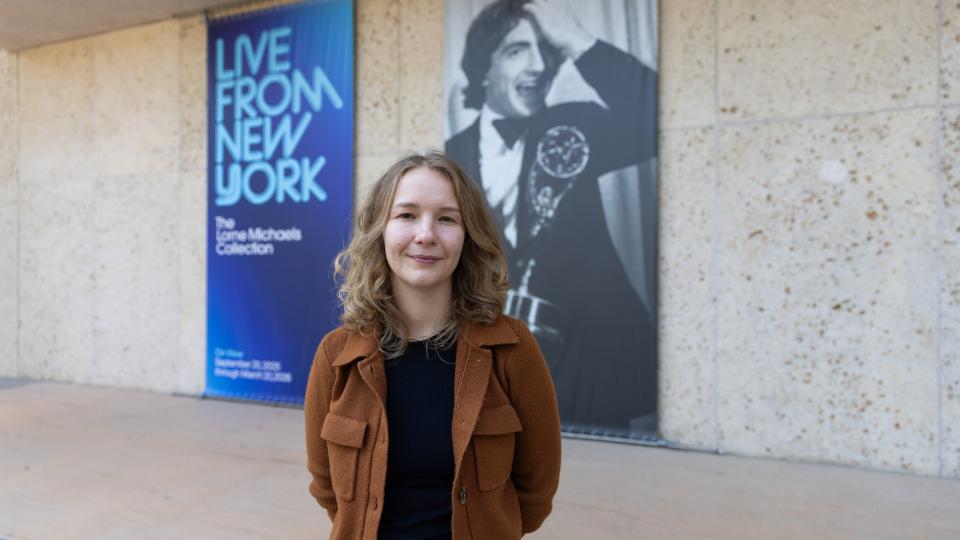 RTF grad student Ann Laudick outside of the Harry Ransom Center