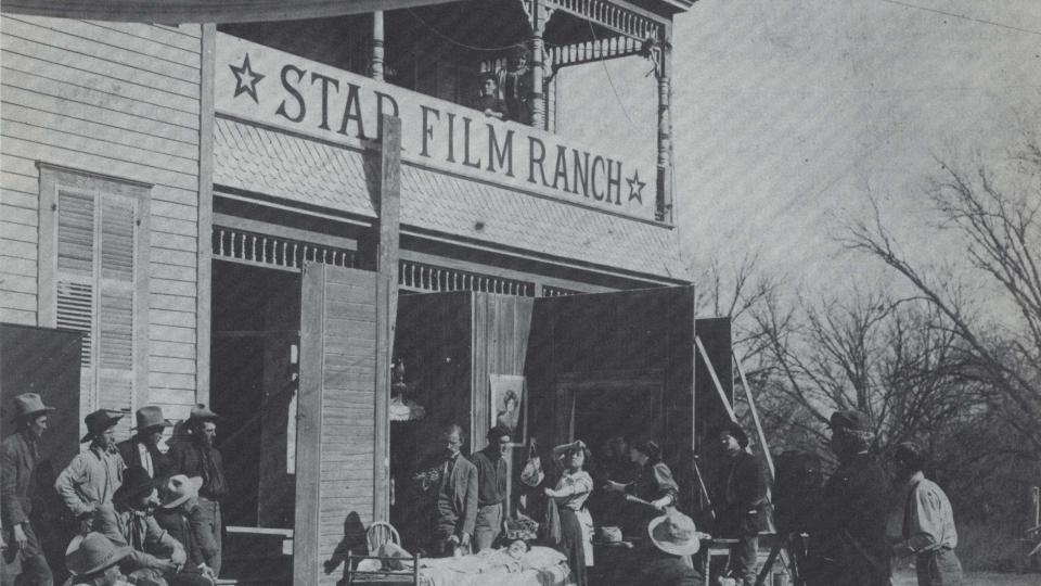 An exterior shot of the Star Film Ranch in black and white 