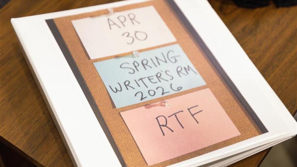 SNL-style notecards that read "April 30," "Spring Writers' Room," and "RTF"
