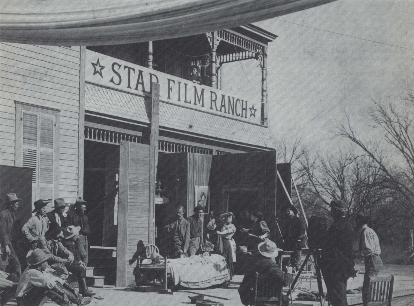 An exterior shot of the Star Film Ranch in black and white 