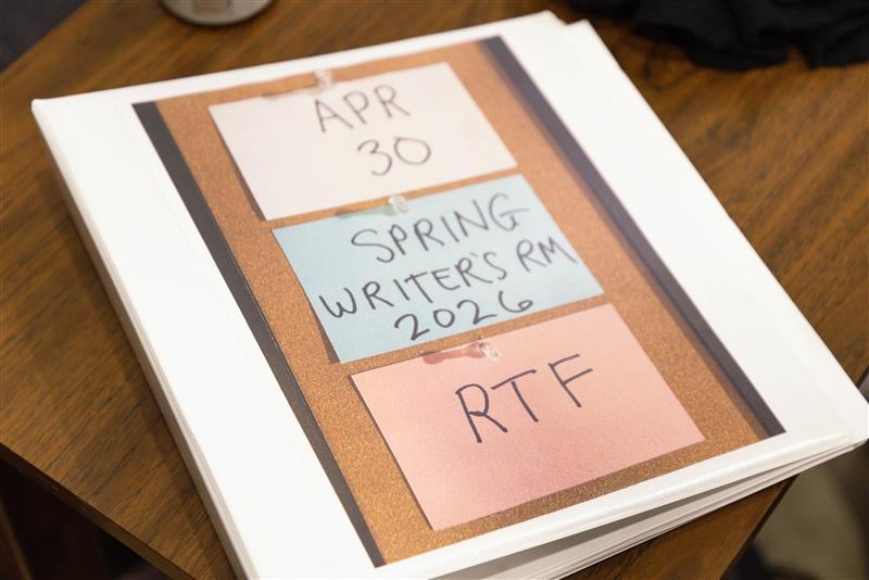 SNL-style notecards that read "April 30," "Spring Writers' Room," and "RTF"