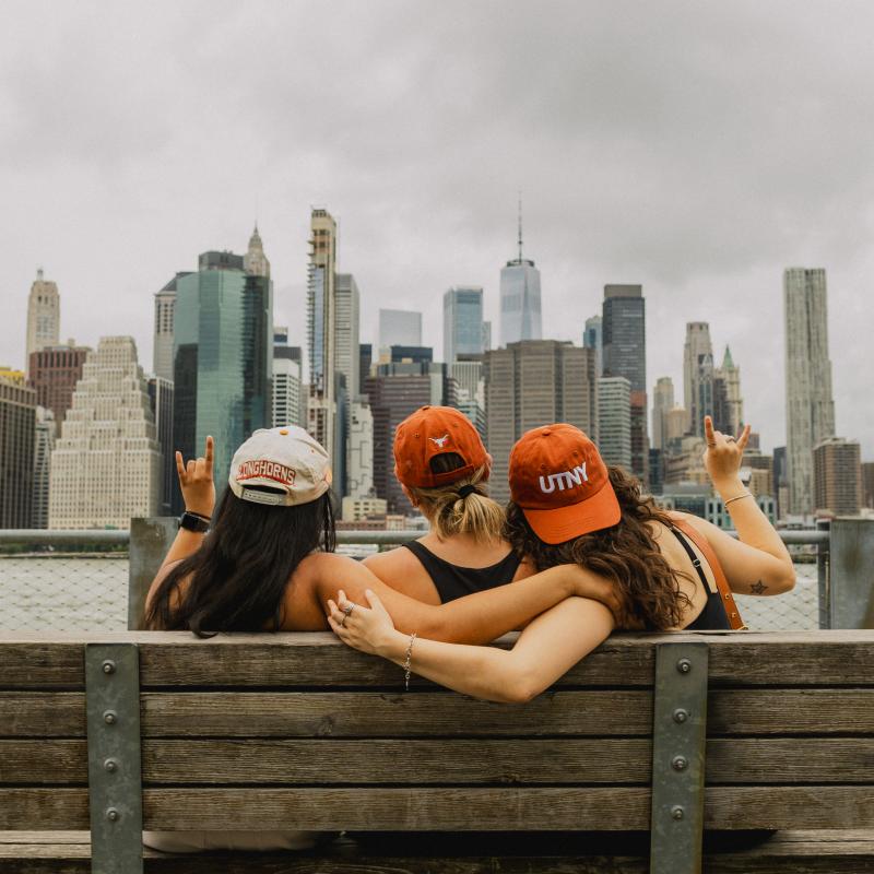 Students wearing UTNY hats looking at skyline