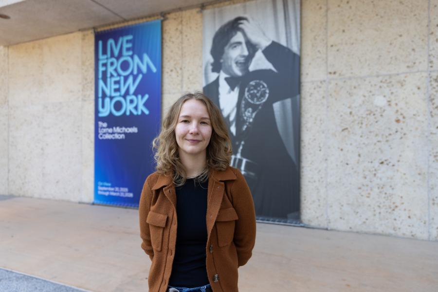 RTF grad student Ann Laudick outside of the Harry Ransom Center