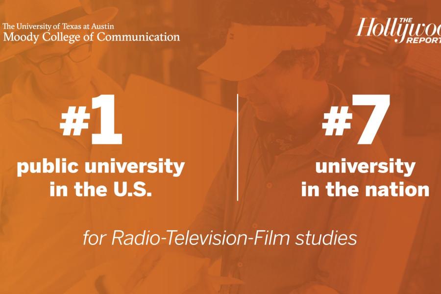 A graphic that shows Moody College Radio-Television-Film studies ranked as the #1 public university in the U.S. and #7 university in the nation by The Hollywood Reporter