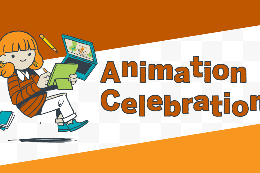 A drawing of a girl drawing on an iPad next to the words "Animation Celebration"