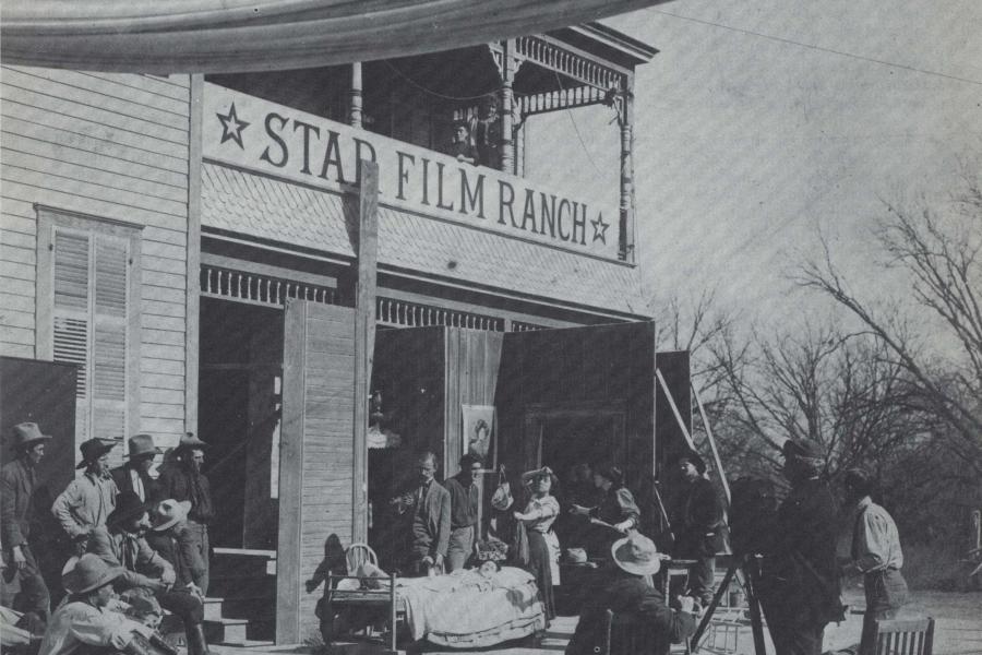 An exterior shot of the Star Film Ranch in black and white 